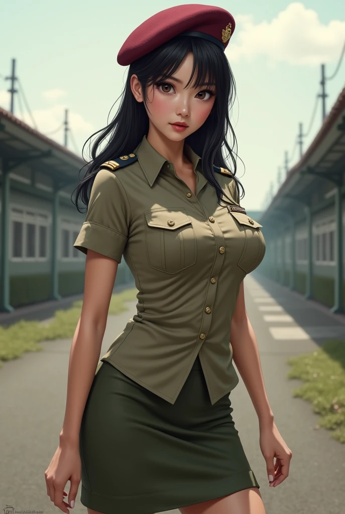 (Best quality, 4K, high resolution, masterpiece:1.2), (ultra-detailed, photo-realistic:1.37), (full-body portrait), 2, Japanese woman, military officer, ambitious, elegance, calm, charming, intimidate, (dark brunette hair), perfect lash, minimal makeup, sun-kissed skin, expressive brown eyes, gloss lips, seductive allure, perfect hourglass body shape, long toned legs, flat abs, perfectly round E cup breasts, very Tall, slim, with peachy hips, (She is wearing a Maroon Beret), (drab color short-sleeved commissioned officer shirt), ((olive pencil skirt)), Background featuring military base.
