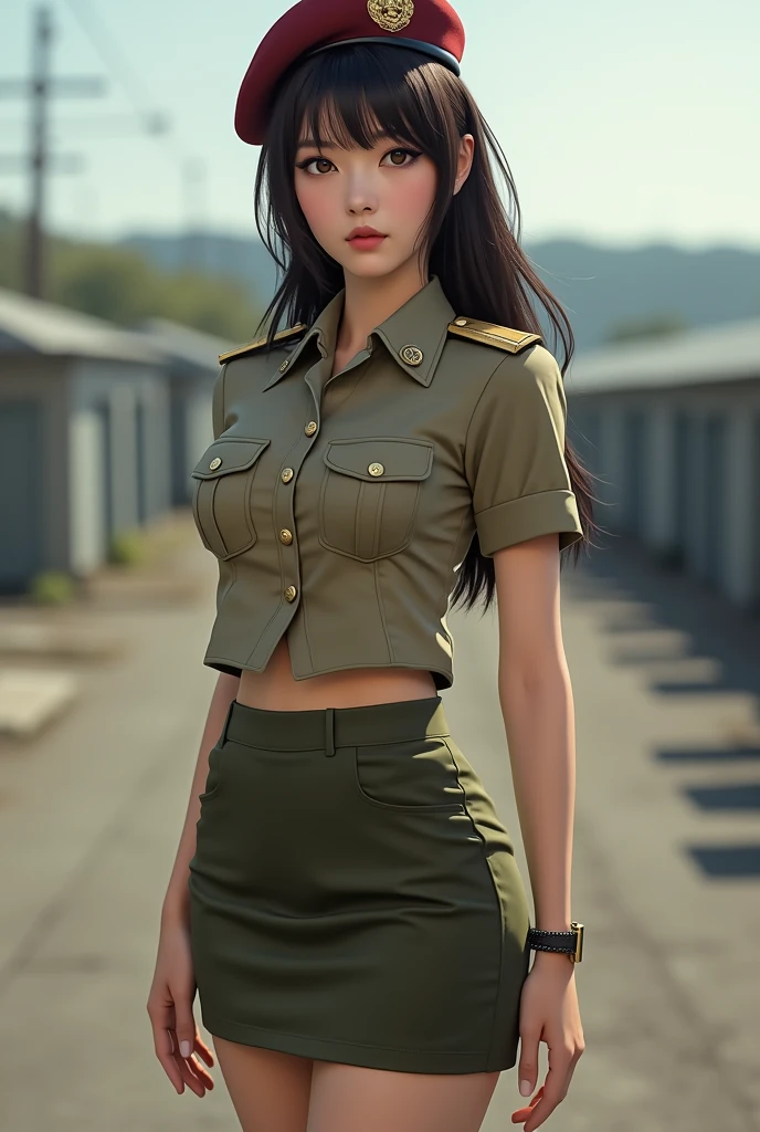 (Best quality, 4K, high resolution, masterpiece:1.2), (ultra-detailed, photo-realistic:1.37), (full-body portrait), 2, Japanese woman, military officer, ambitious, elegance, calm, charming, intimidate, (dark brunette hair), perfect lash, minimal makeup, sun-kissed skin, expressive brown eyes, gloss lips, seductive allure, perfect hourglass body shape, long toned legs, flat abs, perfectly round E cup breasts, very Tall, slim, with peachy hips, (She is wearing a Maroon Beret), (drab color short-sleeved commissioned officer shirt), ((olive pencil skirt)), Background featuring military base.