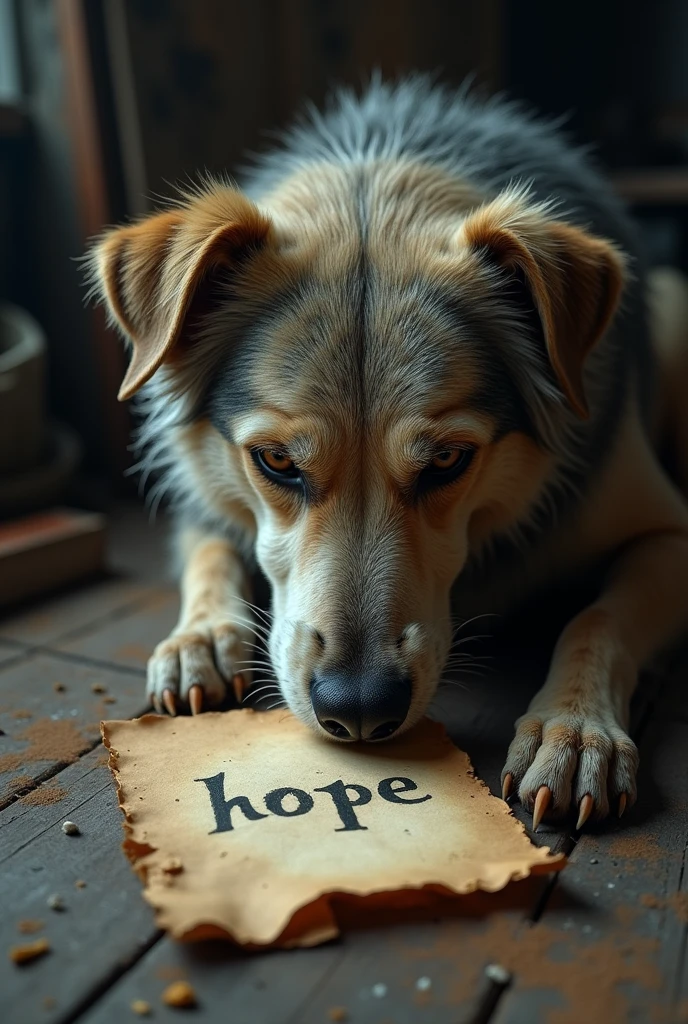 Old dog looking at a dirty old paper written on "hope"