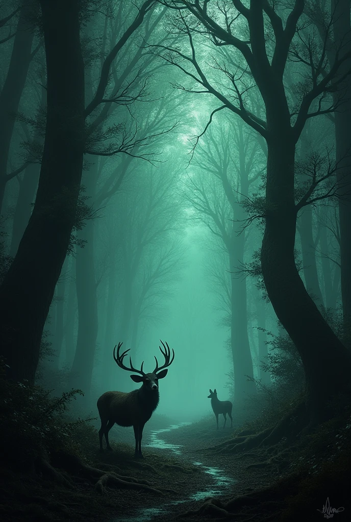 Create an image of this place from another angle, more realistic with the shadow of animals, leaving them sinister

*The Forest of Laments*

A dense forest on the outskirts of the village, where the trees seem to whisper at night. It is a place of mystery and reverence, avoided by many, but also respected for its ancestral power.

_Legenda:_ The story goes that the forest is inhabited by the spirits of animals who died with deep regrets.. They wander among the trees, crying over your losses, and sometimes, offer advice to those who can hear it.
