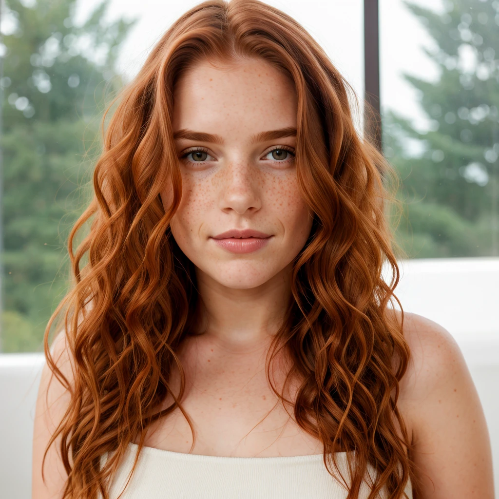 Beatiful young woman, red wavy hair, natural look, little freckles, ultrarealistic, 8k, 1girl solo looking at viewer wearing a crop , on room