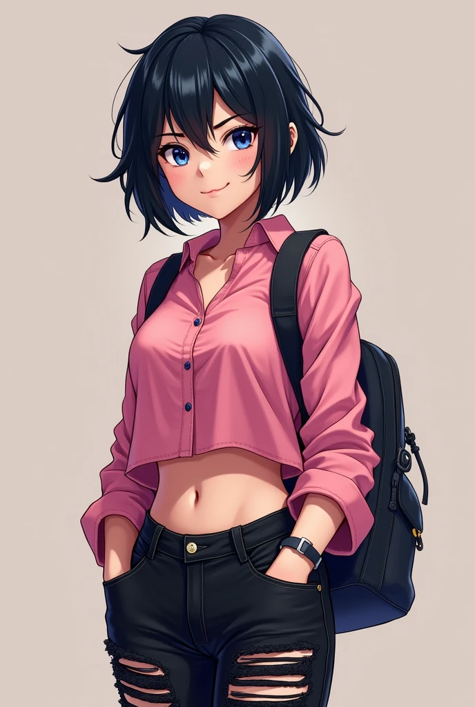 Black haired girl with blonde dark blue eyes lively short hair pink blouse black ripped pants and backpack