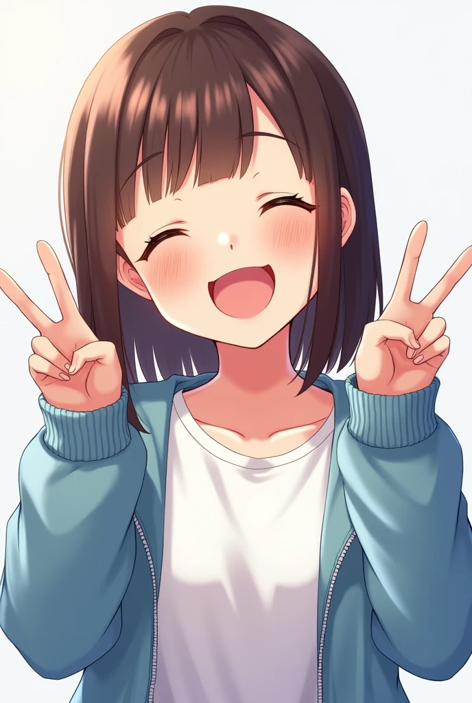 An anime style girl with the following characteristics: White T-shirt, over a light blue jacket, straight brown hair, and only half of the body is visible, White skin color, a little chubby and bust, that she is small in stature and that she is smiling showing her teeth, with eyes closed and making the peace symbol with hands