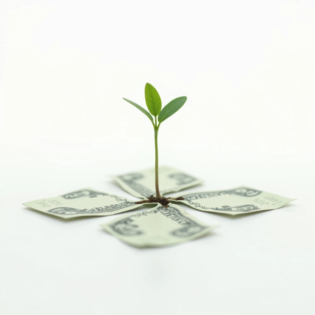 young plant seedling sprouting 4 dollar bills white background