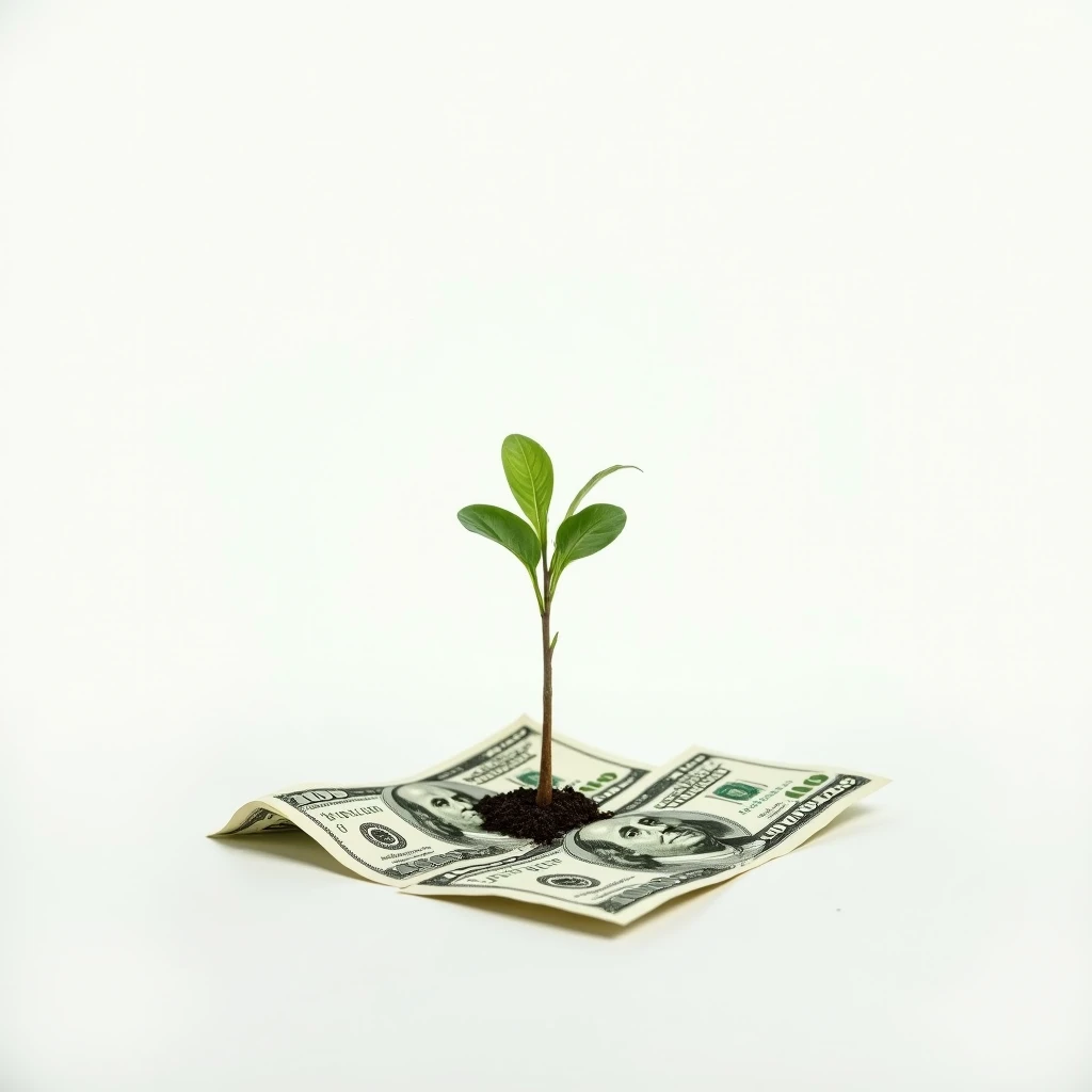 young plant seedling sprouting 4 dollar bills white background