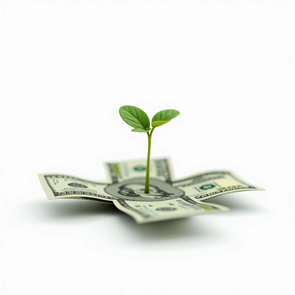 young plant seedling sprouting 4 dollar bills white background