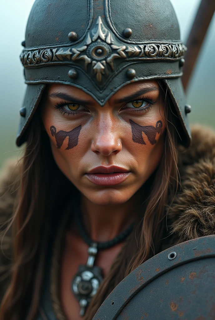 Close up face of beautiful viking queen, wooden shield in hand, eagle wings crown , tribal design on the eyes, Angry, bone ornaments on the neck, leather armor, focused