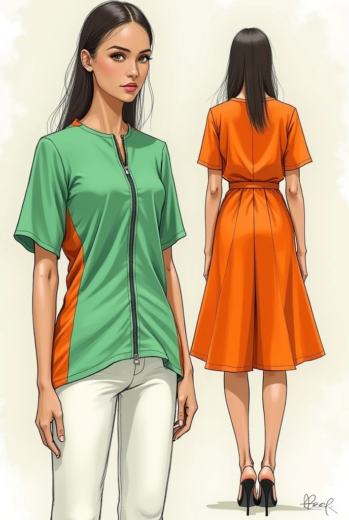 Sketch a blouse with a zipper, There is 1 color on each side of the blouse, and on the right side it needs to look like one blouse is on top of the other, make front and back of the drawing. Don't forget the den. And do the front and back too., two different models, green and orange color