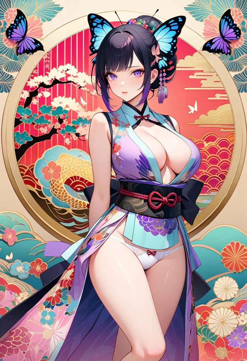 A mesmerizing surreal illustration of a young japanese woman resembling Shinobu Kouchou. She has black hair, purple eyes, a butterfly hair ornament, and wears a vibrant pastel colored outfit adorned with intricate floral patterns. She has a smooth, warm complexion, and bold, colorful tattoos cover her arms and legs. The tattoos feature traditional Japanese motifs like flowers and mythical creatures, rendered with meticulous detail in a pastel color palette. The background is a vintage floral-patterned wallpaper that complements the artwork's colors. The line work is precise, with delicate shading that gives the illustration a 3D quality. The artwork fuses modern illustration techniques with traditional Japanese aesthetics, resulting in a visually striking, portrait, Shinobu_Kocho, butterfly_hairpiece, multicolored_hair, purple_hair, black_hair, big breasts, slender, arms behind back, white panties, 
