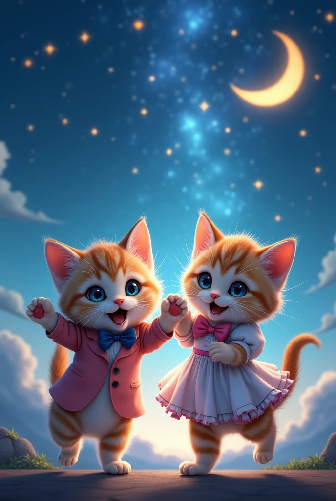 Two kittens male female Cute clothes Night sky background Real