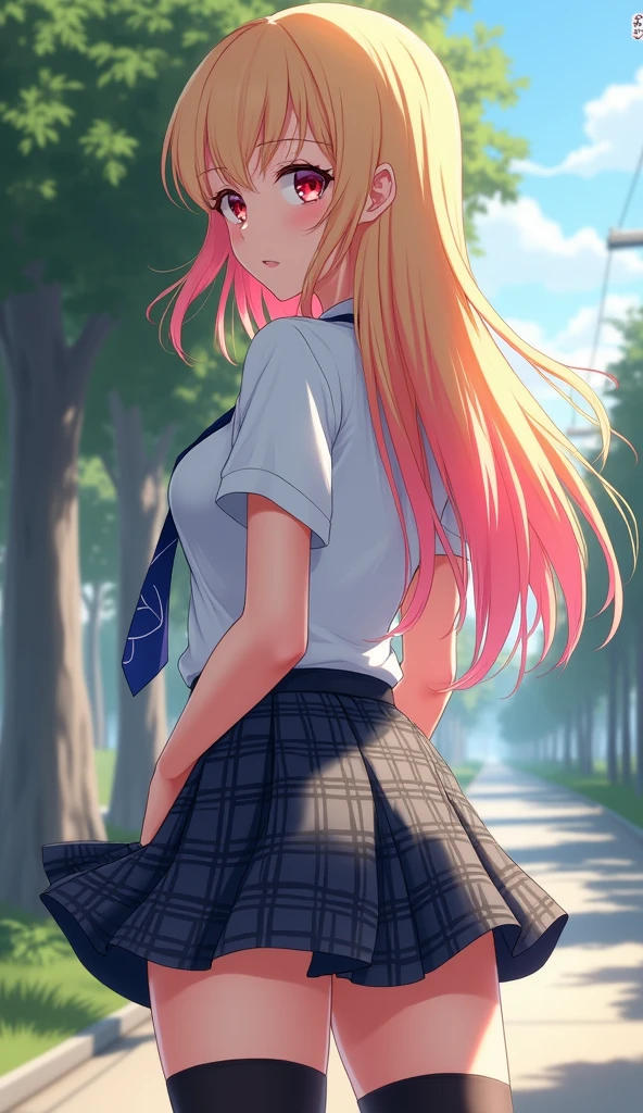 masterpiece,(bestquality),highlydetailed,ultra-detailed,(anime_style:1.5),rear_view,focused_on_hips,(blonde_hair_with_pink_gradient_tips:1.2),red_eyes,(Japanese_school_uniform:1.3),(white_shirt),(blue_tie),(plaid_skirt),(black_thigh-high_socks:1.4),(accentuated_large_thighs:1.5),natural_body_representation,(pose_emphasizing_rear:1.5),non-sexualized_pose,safe_for_work,ultra_realistic_rendering,(by_oprisco),(rutkowski),(by_marat_safin),natural_lighting,(soft_shadows:1.2),camera_close-up.