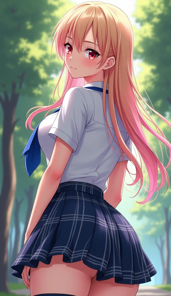 masterpiece,(bestquality),highlydetailed,ultra-detailed,(anime_style:1.5),rear_view,focused_on_hips,(blonde_hair_with_pink_gradient_tips:1.2),red_eyes,(Japanese_school_uniform:1.3),(white_shirt),(blue_tie),(plaid_skirt),(black_thigh-high_socks:1.4),(accentuated_large_thighs:1.5),natural_body_representation,(pose_emphasizing_rear:1.5),non-sexualized_pose,safe_for_work,ultra_realistic_rendering,(by_oprisco),(rutkowski),(by_marat_safin),natural_lighting,(soft_shadows:1.2),camera_close-up.