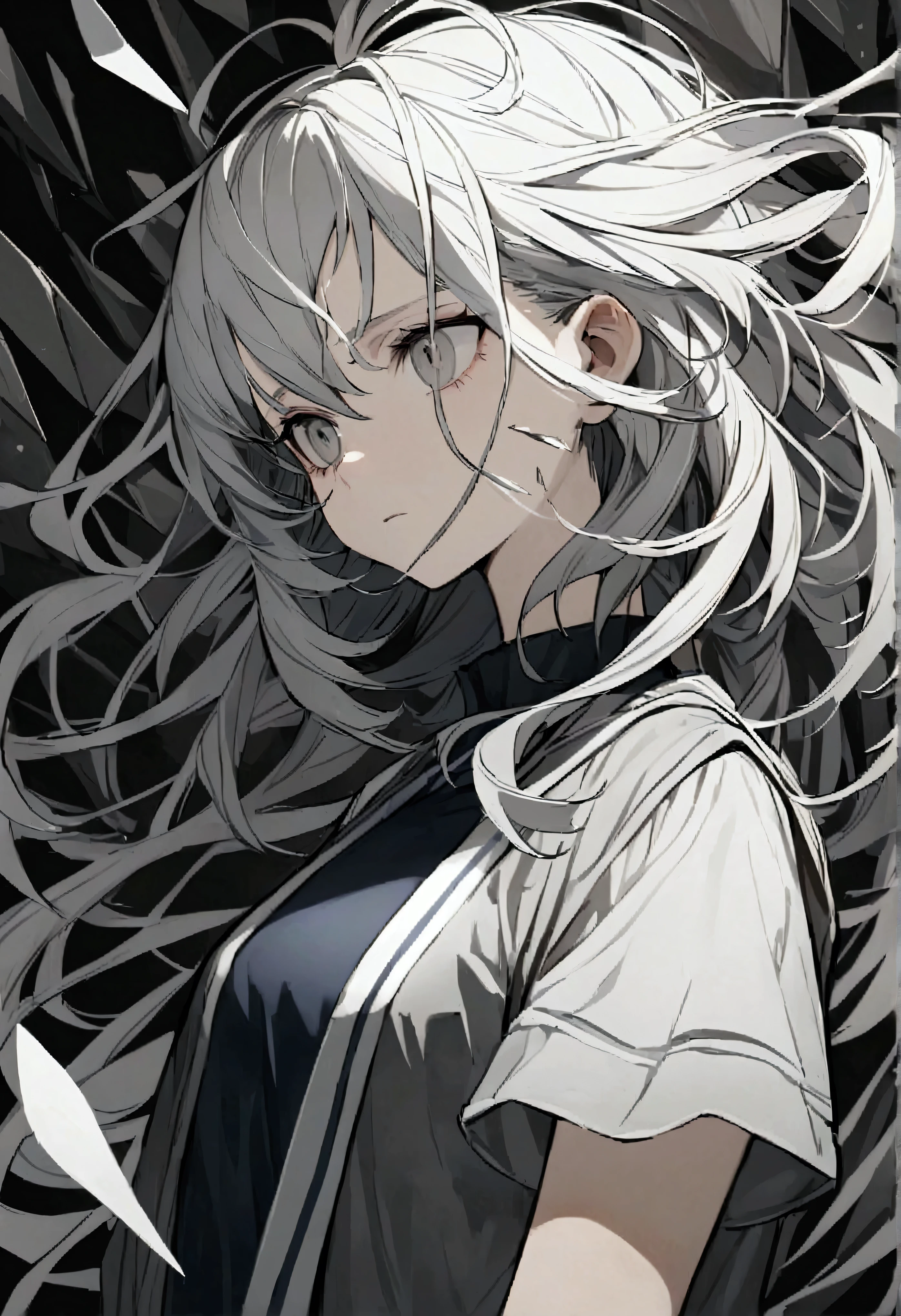 Teenage girl, tidy hair, medium length hair, multicolored black and white hair, middle stripe, gray eyes, face neutral, dark blue shirt, loose white short sleeve overcoat, white tattoos on the body, metal shards around the character