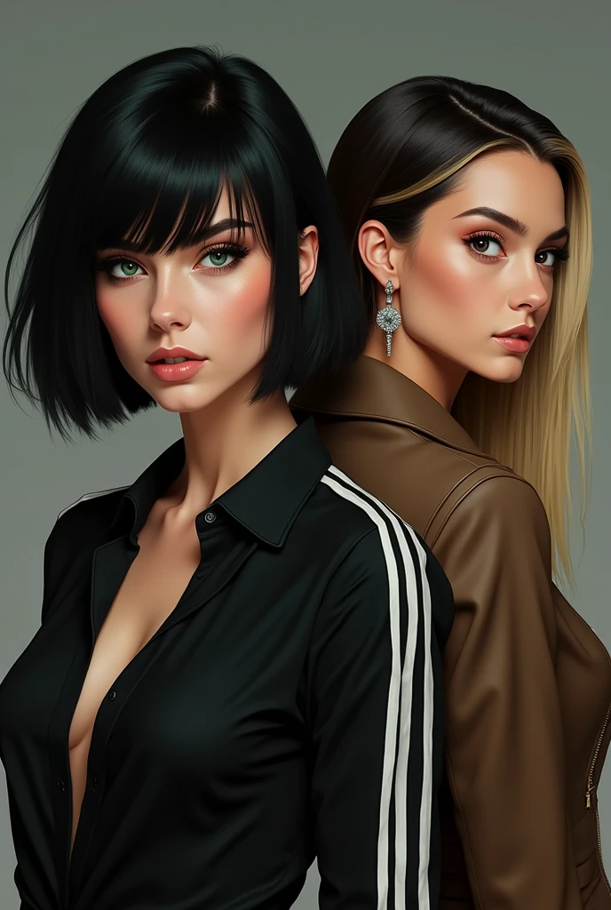 A woman with a bob cut, black hair, green eyes and a black shirt with white stripes., another asian woman blonde and black hair with a brown coat looking defiant 