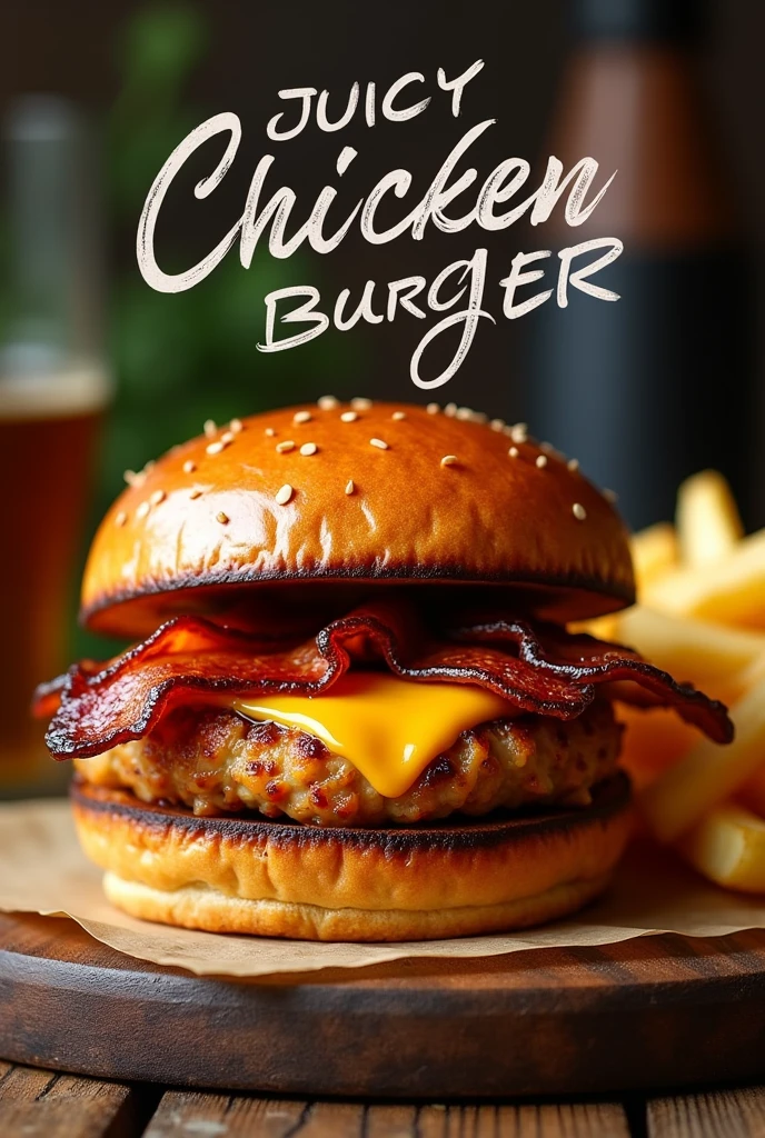 A gourmet juicy chicken burger with homemade BBQ sauce, crispy bacon, and melted cheddar cheese. Served on a toasted brioche bun with a side of crispy fries. Text overlay: Juicy Chicken Burger Recipe. Watermark: Delicious Menu in a handwritten font.