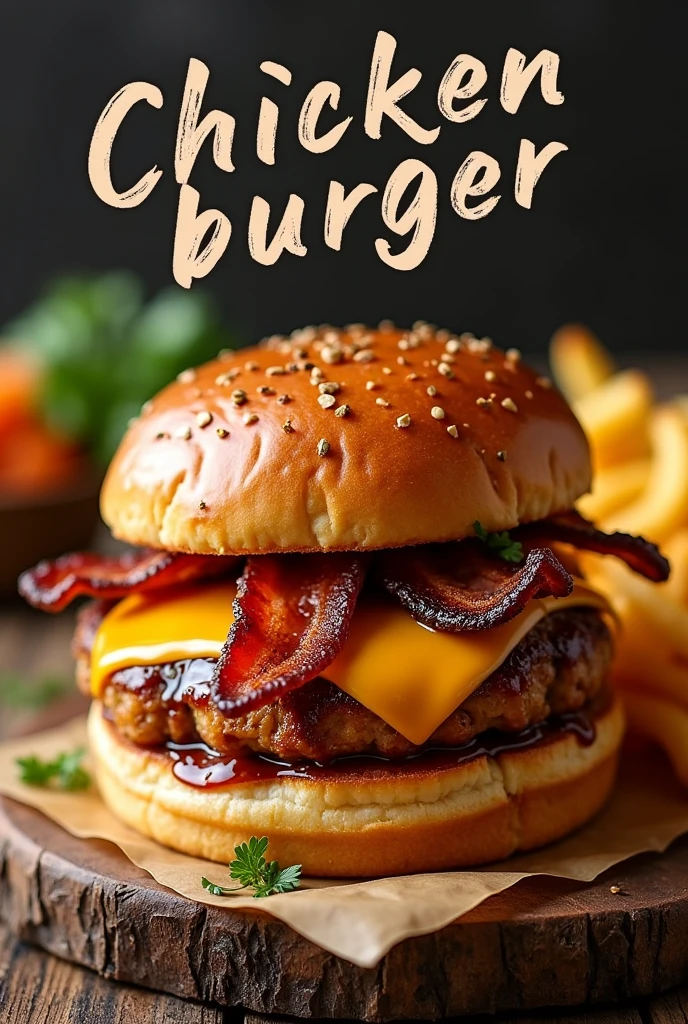 A gourmet juicy chicken burger with homemade BBQ sauce, crispy bacon, and melted cheddar cheese. Served on a toasted brioche bun with a side of crispy fries. Text overlay: Juicy Chicken Burger Recipe. Watermark: Delicious Menu in a handwritten font.