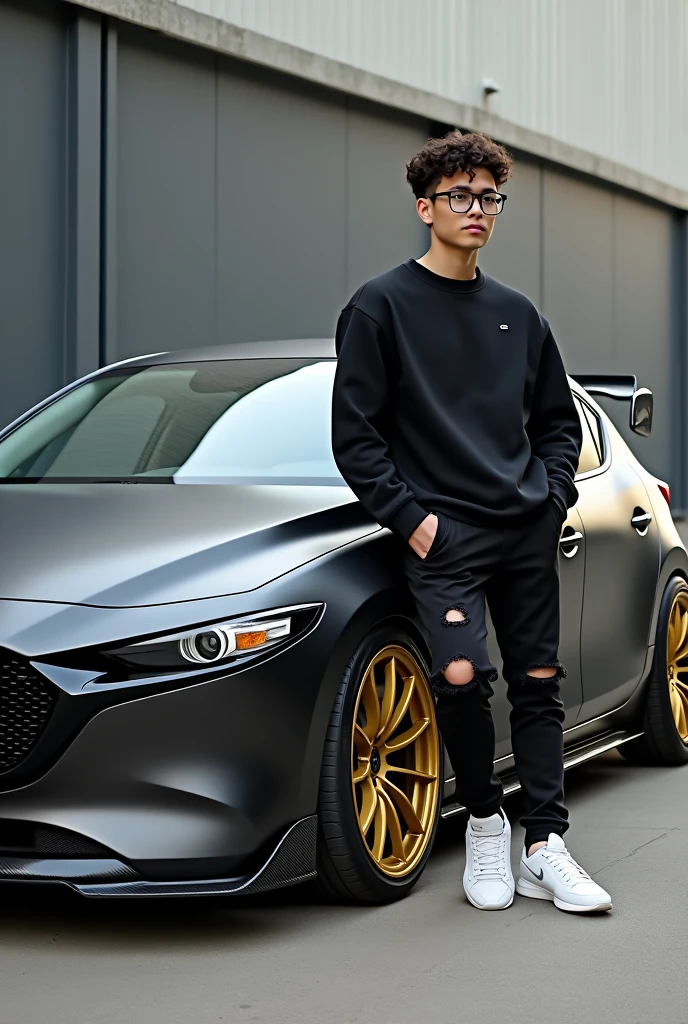 Realistic HD photo from different angles of a satin black Mazda 3 with gold rims and yellow calipers and a spoiler, Sporty diffuser and side skirts in carbon fiber, and leaning on him a young man with square glasses and short curly hair with a taper fade cut and a black Nike sweatshirt, Black ripped pants and white Nike blazer, and that the Mazda comes out completely