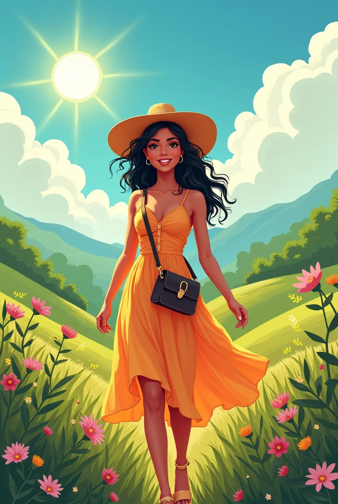 Drawing of a Latino girl with a crossbody bag, with hat, in a dress under a radiant sun in the countryside