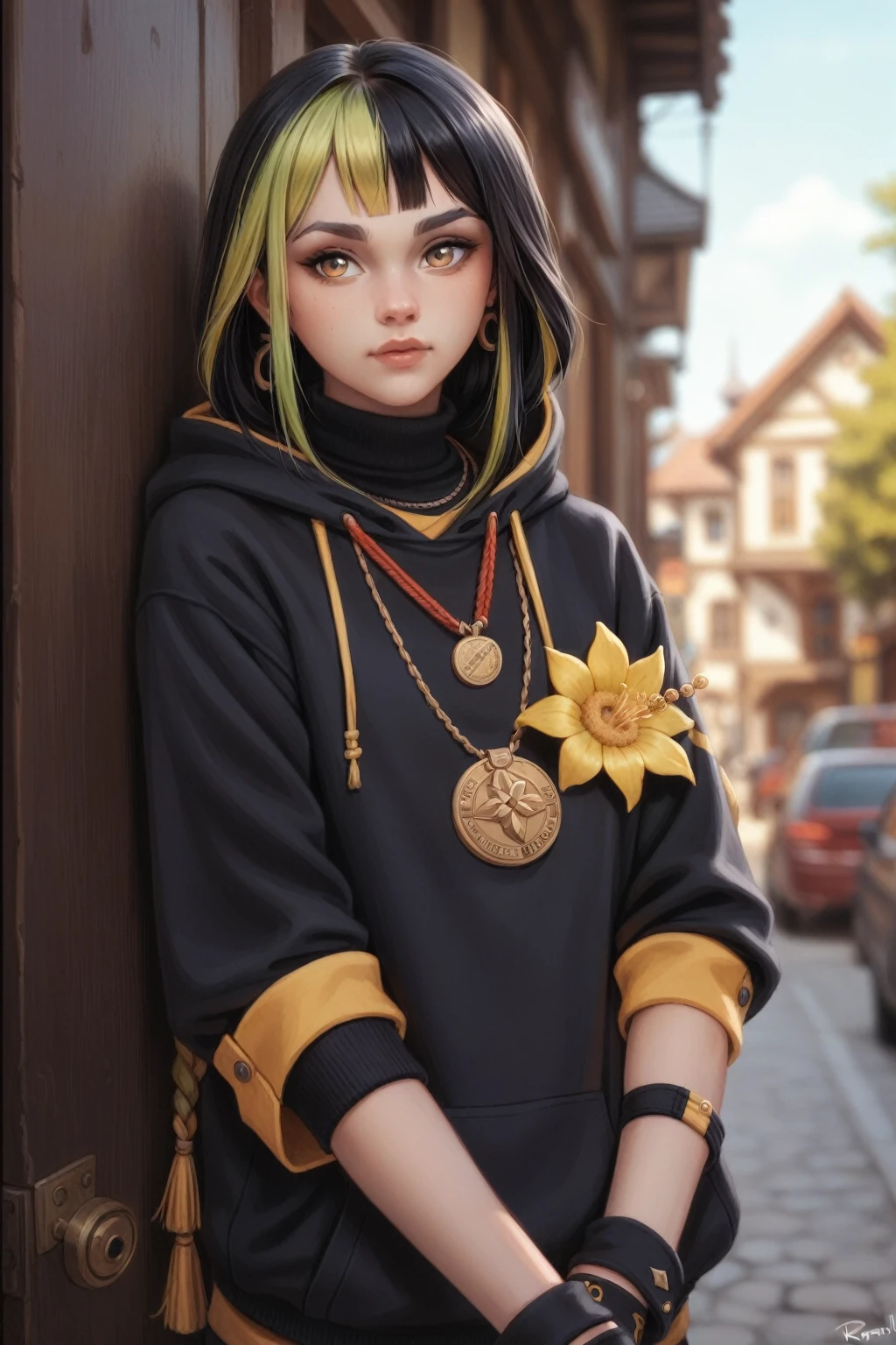 By personalami. tighnari \(genshin impact\). black gloves,medal,hoodie,tassel,asymmetrical sleeves,yellow flower,black shirt,two-tone hair,turtleneck,wrist cuffs,