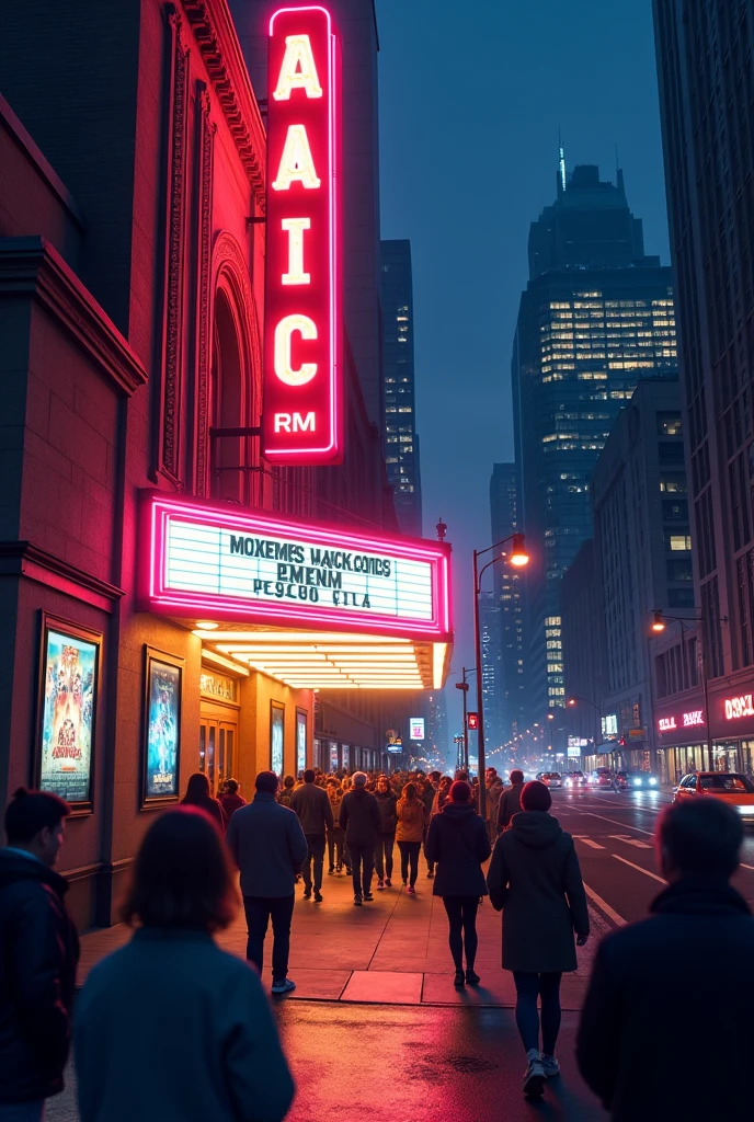 Outside a movie theater at night