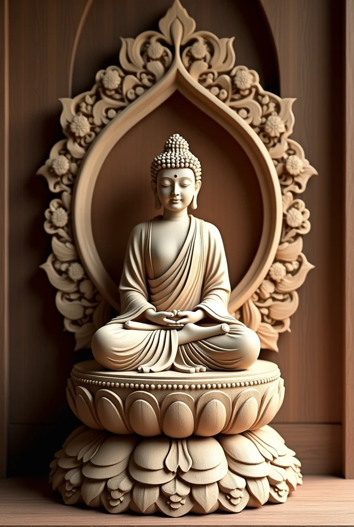 A highly detailed and intricate wood carved Buddha statue, a seated Shakyamuni Buddha, with a boat-shaped mandorla and lotus throne, placed in a small Buddhist altar, serene expression, intricate robes, realistic textures, warm lighting, photorealistic, award winning sculpture, 8k, hyperrealistic, (((Nipples not depicted)))