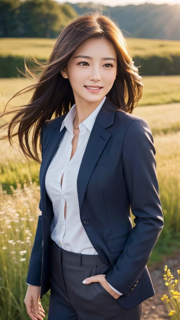 highest quality、genuine、Super detailed、finely、High resolution、8k wallpaper、one beautiful woman、、、light brown disheveled hair、wearing a business suit、sharp focus、perfect dynamic composition、beautiful and detailed eyes、thin hair、Detailed genuine skin texture、smile、model body shape、In a windswept meadow