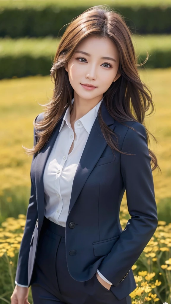 highest quality、genuine、Super detailed、finely、High resolution、8k wallpaper、one beautiful woman、、、light brown disheveled hair、wearing a business suit、sharp focus、perfect dynamic composition、beautiful and detailed eyes、thin hair、Detailed genuine skin texture、smile、model body shape、In a windswept meadow