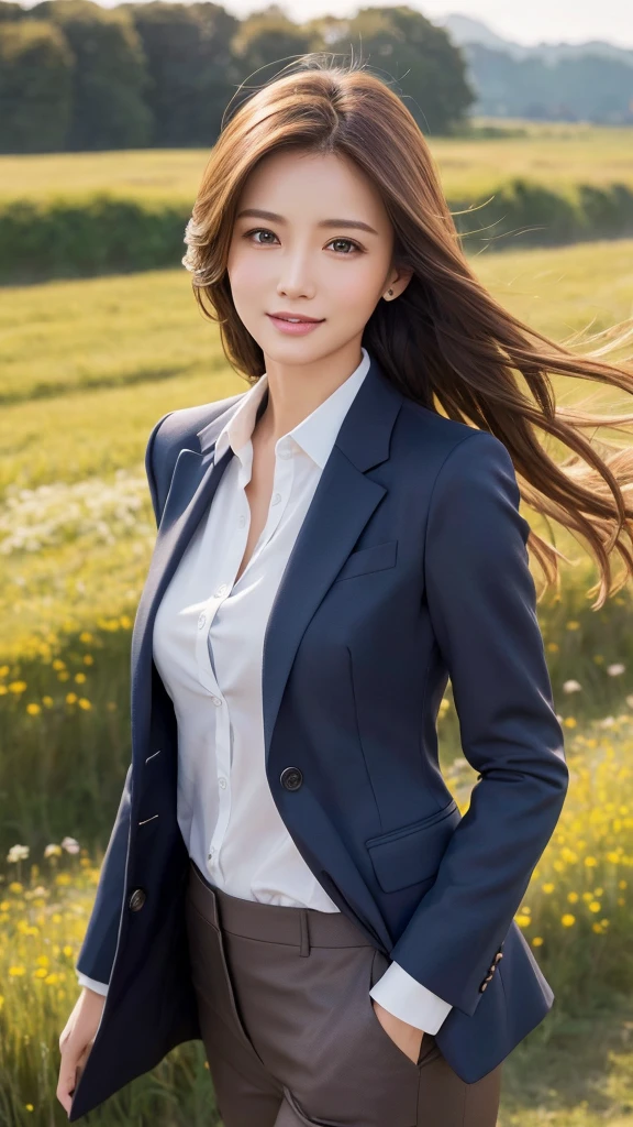 highest quality、genuine、Super detailed、finely、High resolution、8k wallpaper、one beautiful woman、、、light brown disheveled hair、wearing a business suit、sharp focus、perfect dynamic composition、beautiful and detailed eyes、thin hair、Detailed genuine skin texture、smile、model body shape、In a windswept meadow