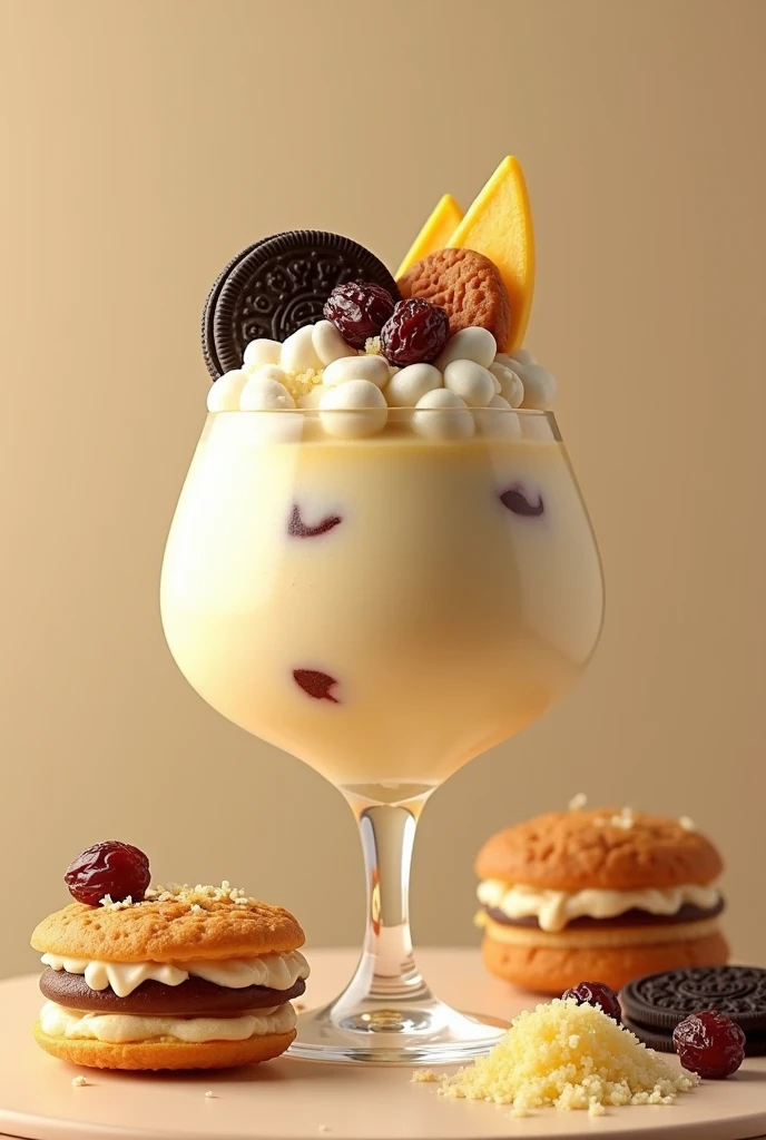 Rice pudding in a big, bigger glass with raisins and an Oreo cookie, Ducales cookies with cream, grated cheese