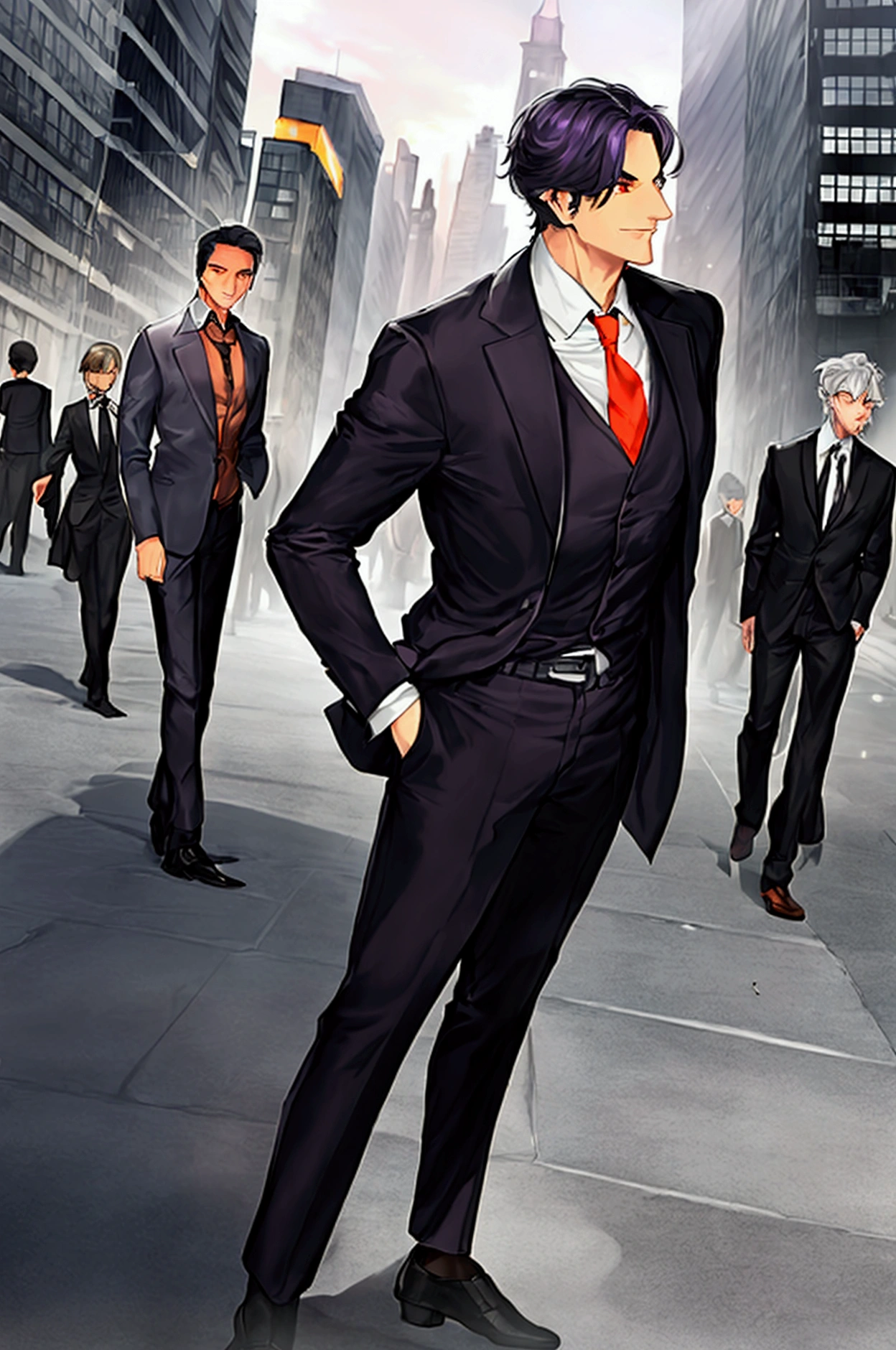 Three middle-aged men in black suits, walking towards the camera, showing only the upper body (super intricate details), (super detailed CG: 1.2), anime art style,