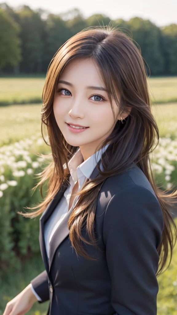 highest quality、genuine、Super detailed、finely、High resolution、8k wallpaper、one beautiful woman、、、light brown disheveled hair、wearing a business suit、sharp focus、perfect dynamic composition、beautiful and detailed eyes、thin hair、Detailed genuine skin texture、smile、model body shape、In a windswept meadow