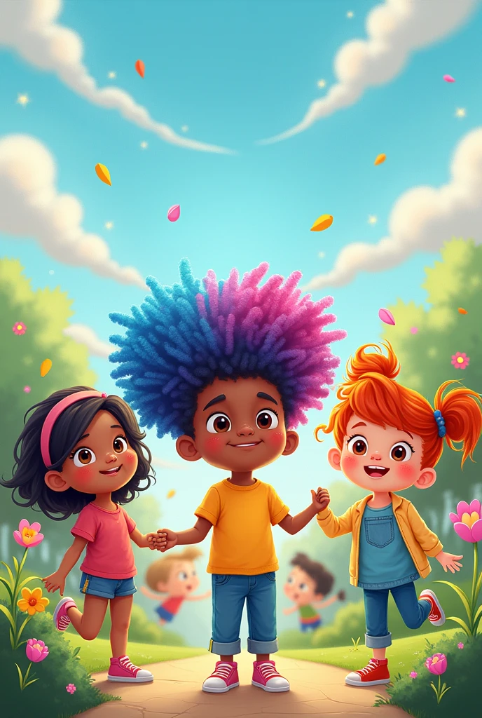 Make a cartoon image about the right to express oneself freely, kids with colored hair for kids