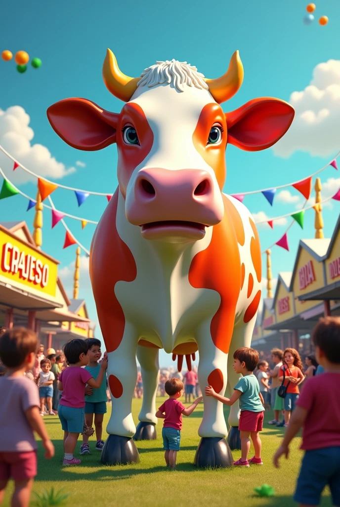 A central image of a large, colourful and eye-catching fiberglass cow with a bucket underneath ready to be "milked". Around the cow there are smiling people taking pictures and participating in the activity. In the background, you can see a lively fairground with cheese stands, flags and festive green 
elements.