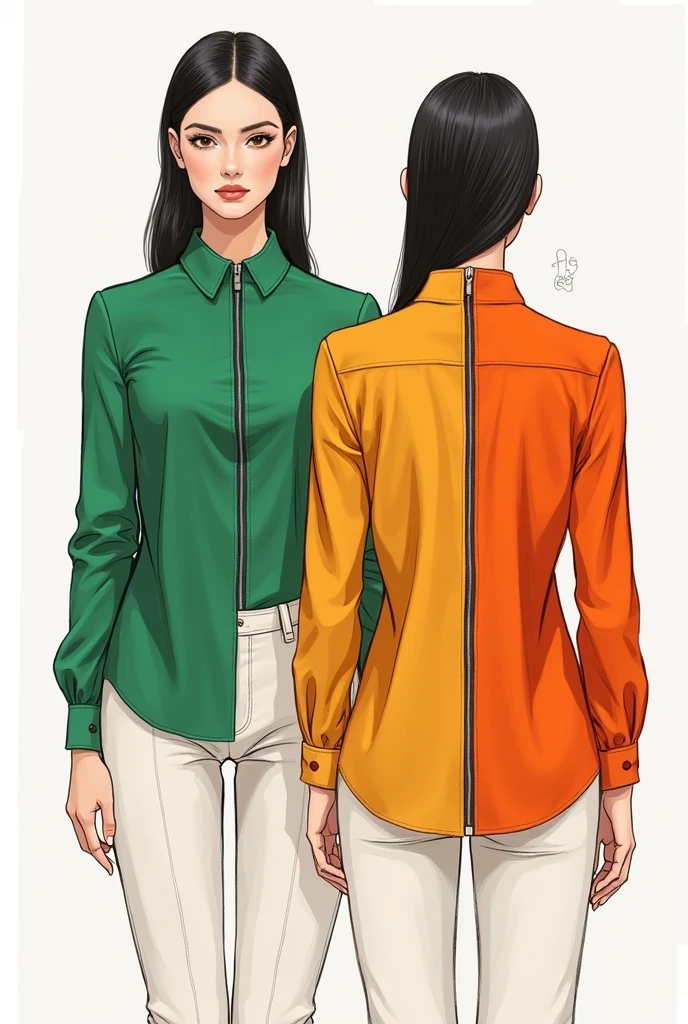 Sketch a blouse with a zipper, There is 1 color on each side of the blouse, and on the right side it needs to look like one blouse is on top of the other, make front and back of the drawing. Don&#39;t forget the den. And do the front and back too., two different models, green and orange color 