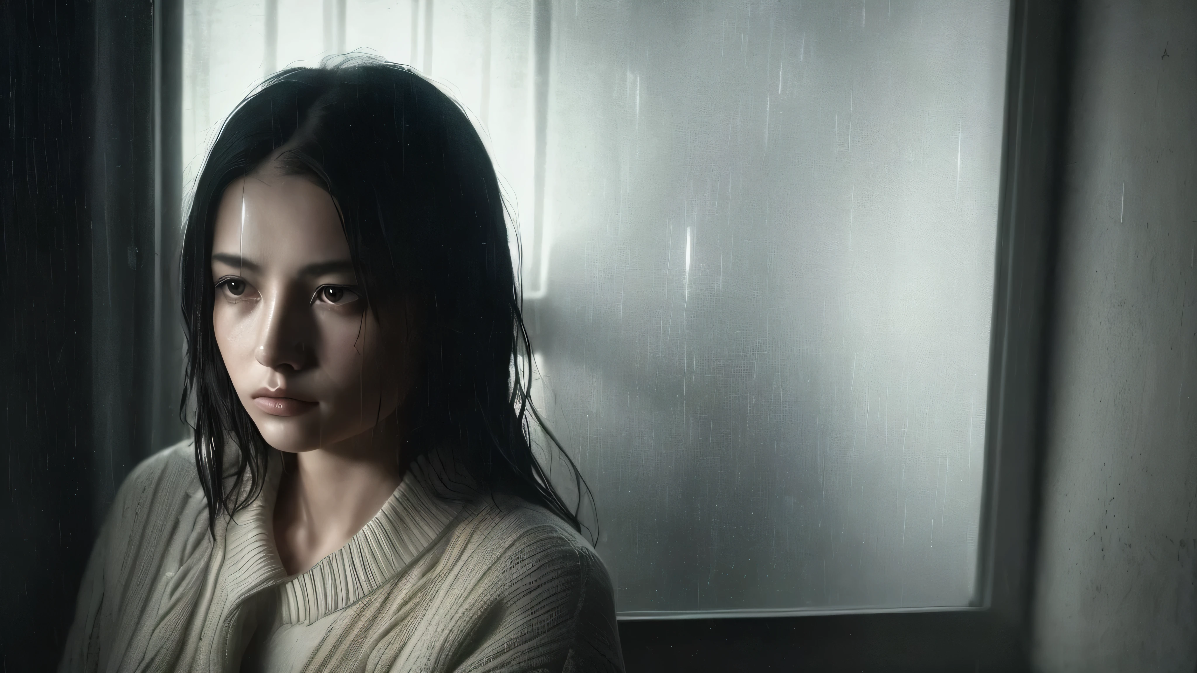 A solitary woman, her face illuminated by a single, soft lamplight, sitting at a rain-streaked window, tears tracing paths down her cheeks, wearing a worn-out sweater, surrounded by scattered photographs, in a dimly lit, cluttered room, hyperrealistic, cinematic lighting, emotional depth, lonely atmosphere.