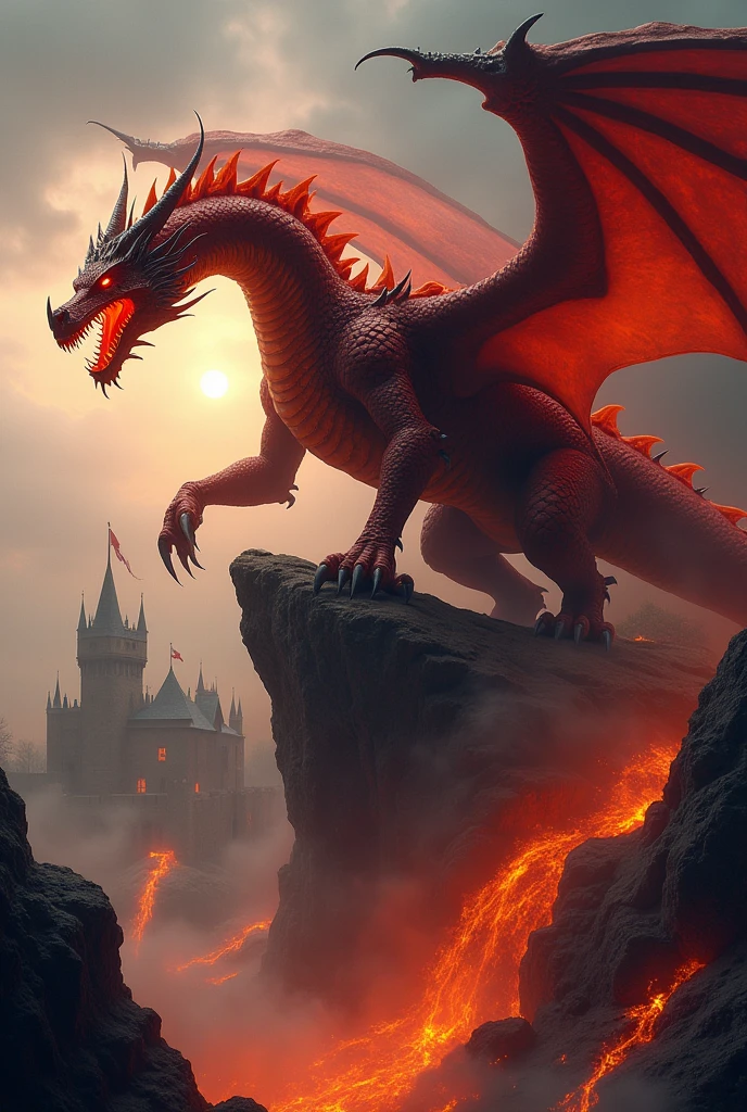 Dragão de Fogo Medieval
- "A massive, fire-breathing dragon with glowing red scales, sharp claws, and large, leathery wings. The dragon is perched on a rocky cliff overlooking a medieval castle, with flames flickering from its mouth and molten lava flowing beneath. The sky is dark and filled with smoke, adding to the menacing atmosphere."