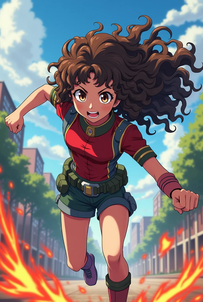 Create a teenage girl from the anime boku no hero academia with long brown curly hair ,white skin and light brown eyes ,fighting excitedly at the ua