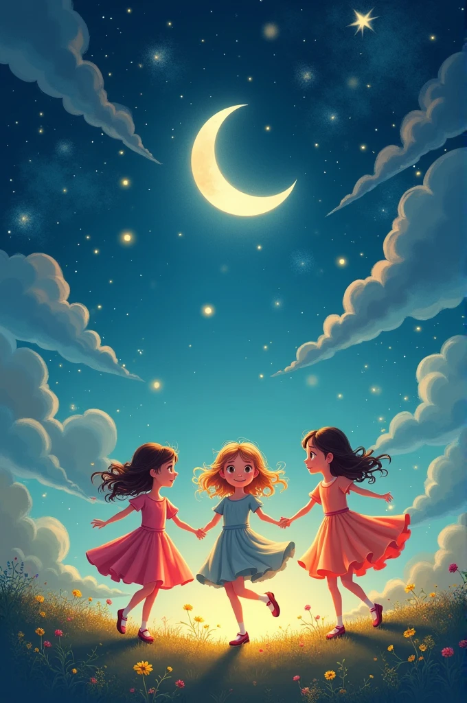 Girls dance with moon cartoon style ai image