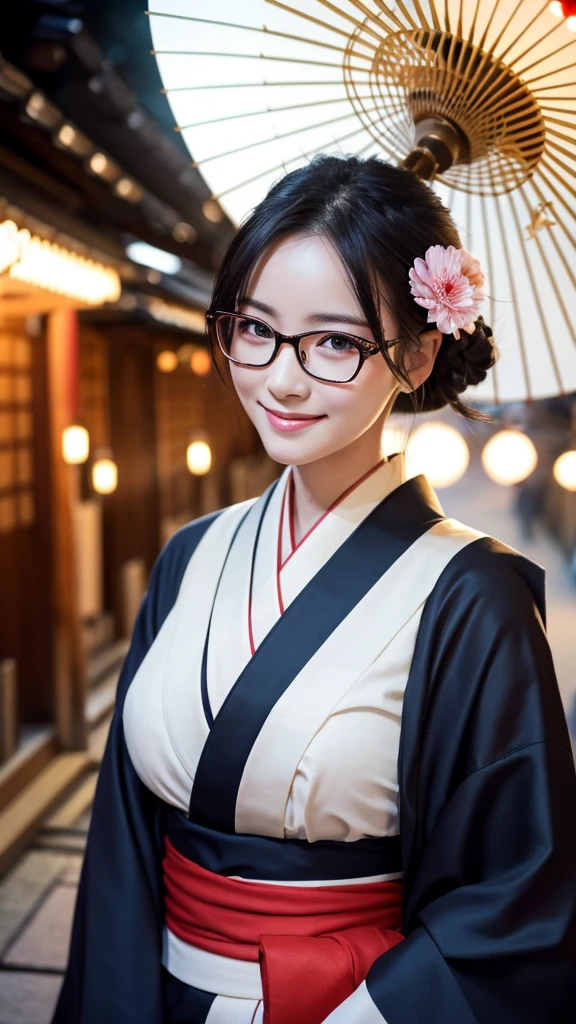 (Super beautiful woman in kimono)、((highest quality、8K masterpiece:1.3))、sharp focus:1.2、(super beautiful face:1.0)、(shiny skin:1.0)、realistic pictures、black hair、video lighting、High resolution eyes and face、video lighting、japanese actress、from the front、big breasts、with a happy smile、Slender abs beauty、whole body、wearing a kimono、in Kyoto、(((luxury obi)))、In Kyoto at night、wearing glasses with no edge、with a fan、Fireworks Display