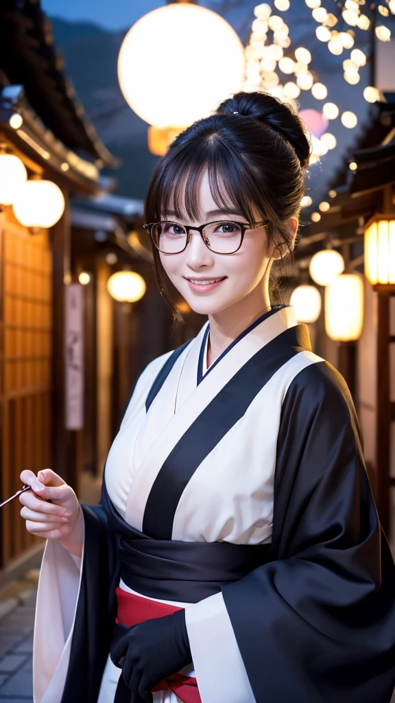 (Super beautiful woman in kimono)、((highest quality、8K masterpiece:1.3))、sharp focus:1.2、(super beautiful face:1.0)、(shiny skin:1.0)、realistic pictures、black hair、video lighting、High resolution eyes and face、video lighting、japanese actress、from the front、big breasts、with a happy smile、Slender abs beauty、whole body、wearing a kimono、in Kyoto、(((luxury obi)))、In Kyoto at night、wearing glasses with no edge、with a fan、Fireworks Display