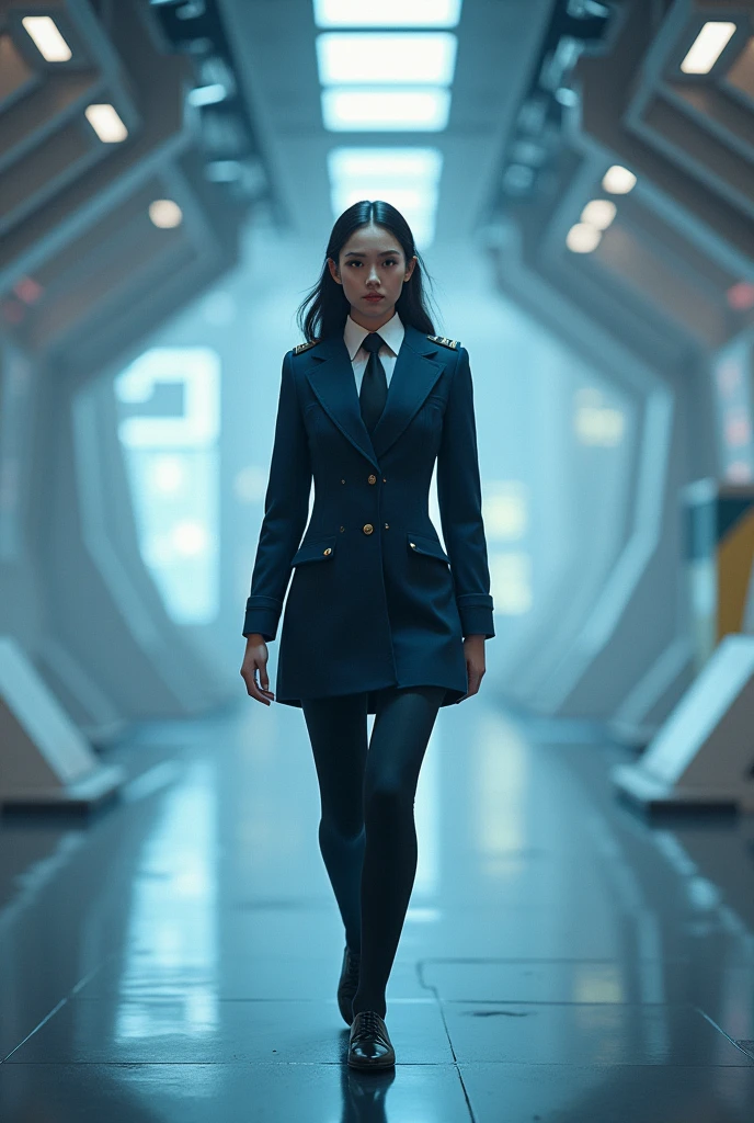 Female cadet in military service uniform walking in command and control center, Futuristic theme