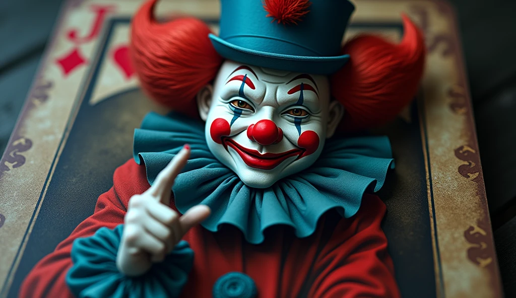 The passer's photo, whose dimensions are the same as the phone's wallpaper, is zoomed on by the camera. There is a clown on the card, he has two colors of clothes, one is red and the other is blue. There are feathers on top of the clown's hat. The clown is looking at the camera. The clown's face is masked and there are two red circles on his cheeks. The clown looks at the camera like a master and waves his hand. In the upper left corner of the card and in the lower right corner, a big J is written