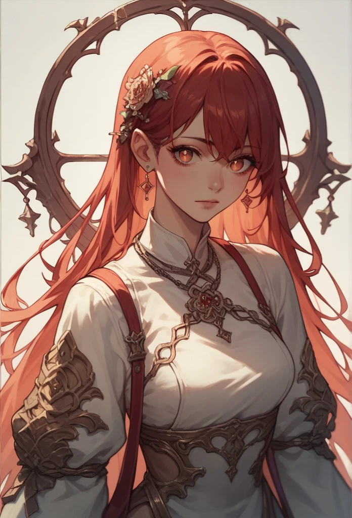 An anime woman in a long dress and red hair with an x for pupils