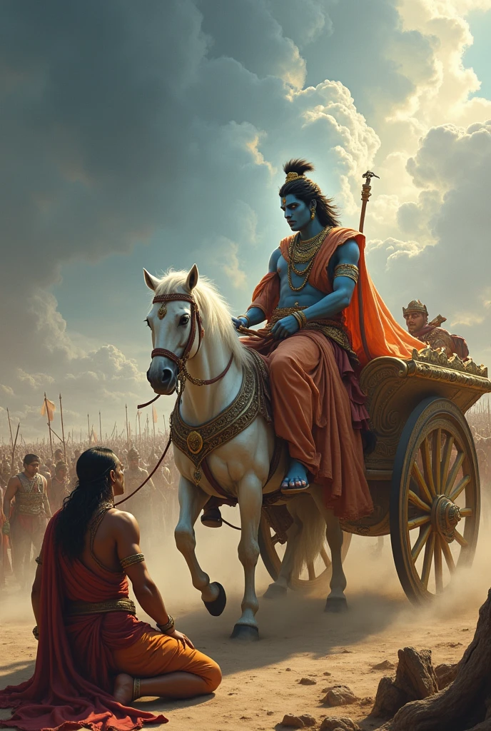 "Create a scene from the Mahabharata, where Lord Krishna is delivering the Bhagavad Gita to Arjuna on the battlefield of Kurukshetra. Krishna, with his blue skin and radiant aura, is seated on a majestic chariot, holding the reins of white horses. Arjuna, dressed in warrior attire, is kneeling before Krishna, looking up with a mix of confusion and reverence. The background features a vast battlefield filled with warriors, chariots, and dust clouds under a dramatic sky, highlighting the intensity of the moment. The scene captures the divine calmness of Krishna and the tension of the impending war."