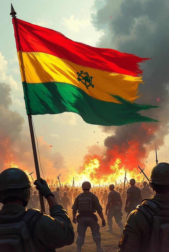 An artistic drawing of a red, yellow and green flag with a background of a fight 