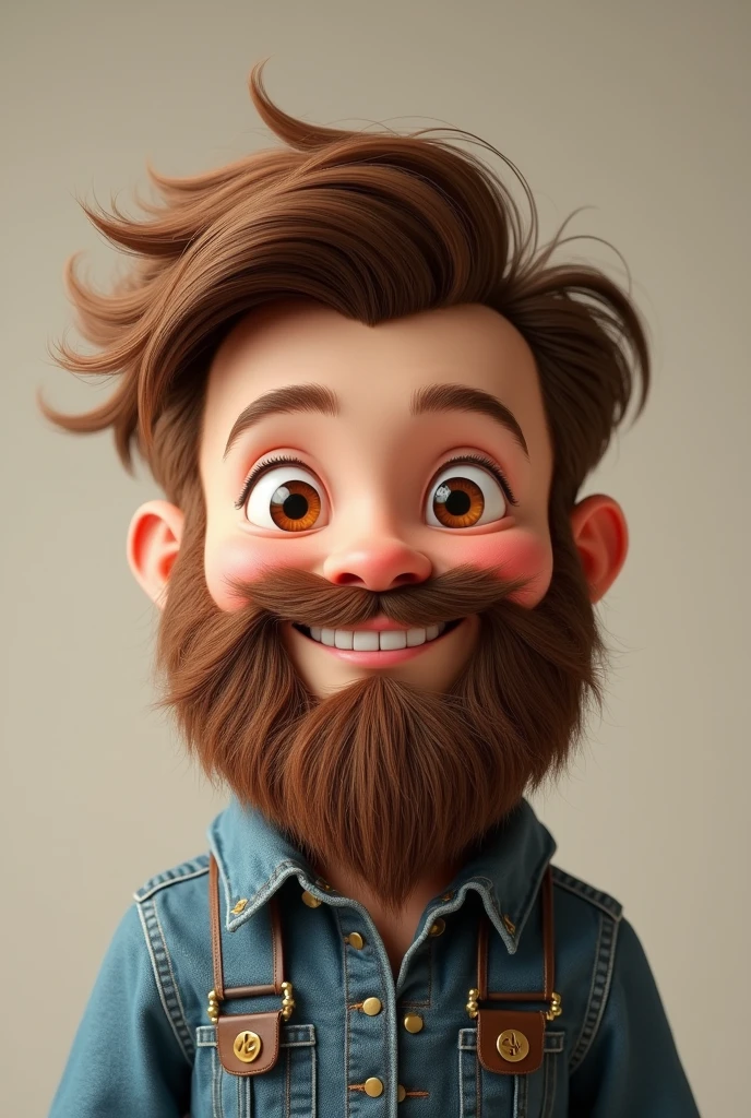 Create a boy of approximately  with brown hair, cheered up, where he has a big beard and a big mustache on his whole body,  and also create the same boy but without any beard or mustache on the side

