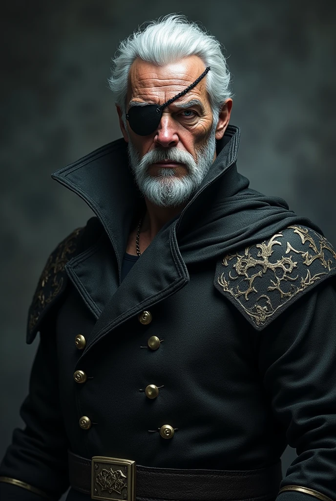 Realistic White Hair Masculine Man, with an eye patch on one eye and wearing a dark fantasy style overcoat