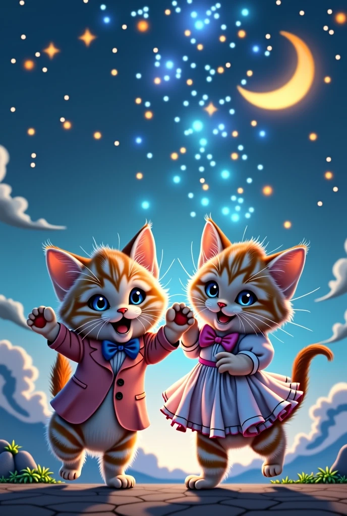Two kittens male female Cute clothes Night sky background Real