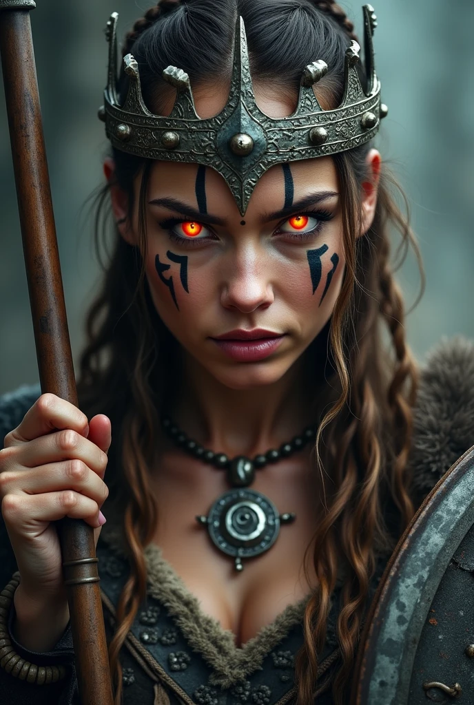 Close up face beautiful viking woman, spear and shield in hand , light in eyes, war crown , tribal design on the eyes, Angry, necklace around the neck with ornaments, battle armor, with hate