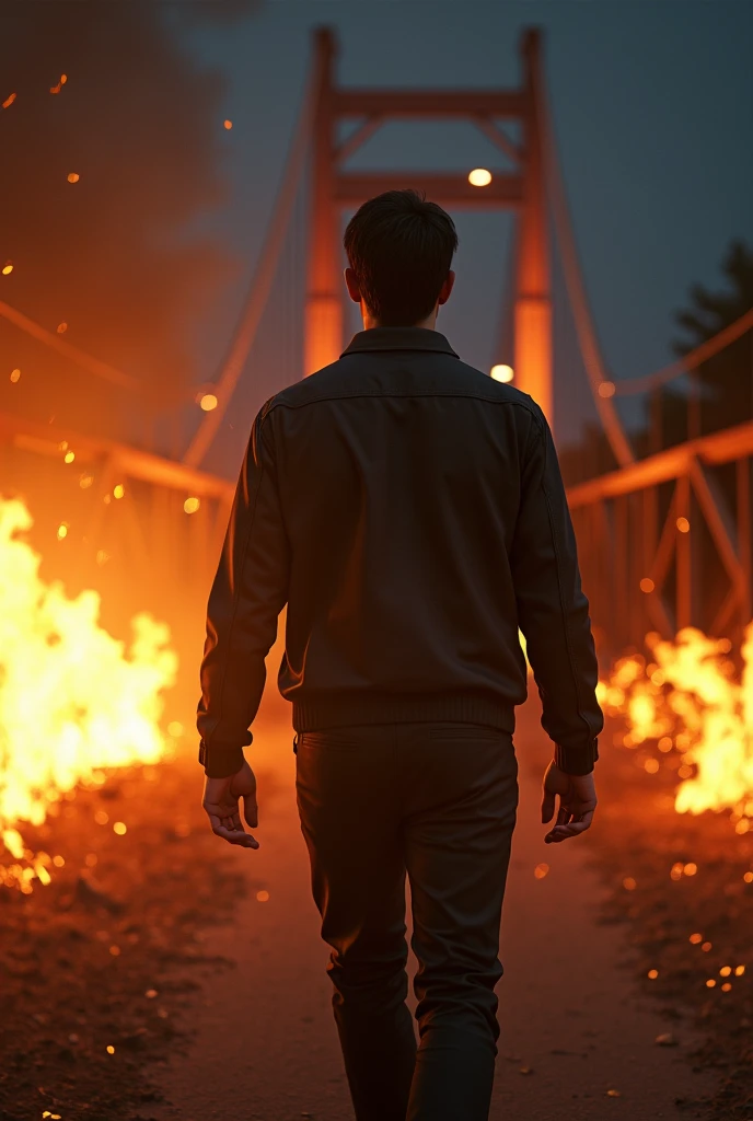 (photorealism:1.2), masterpiece, Best quality, super detail, Sharp Focus, ultra realism, super realism, 8k, sharp textures, detailed skin texture accurate anatomy, a brunette man walks across a bridge in the background, there is a fire in the foreground, night, View from behind, burning ashes fly to the sides